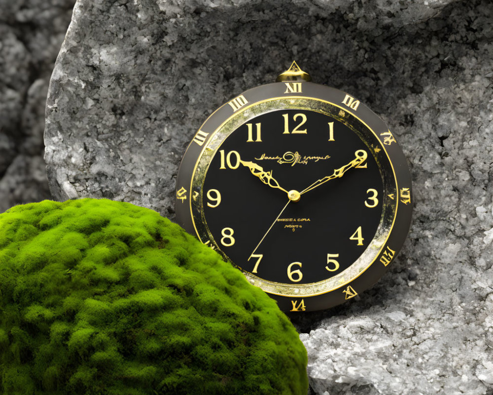 Gold and Black Roman Numerals Watch on Rock and Moss-covered Stone