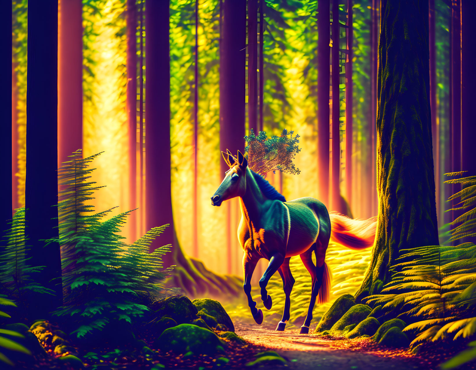 Surreal horse with tree head gallops in vibrant forest