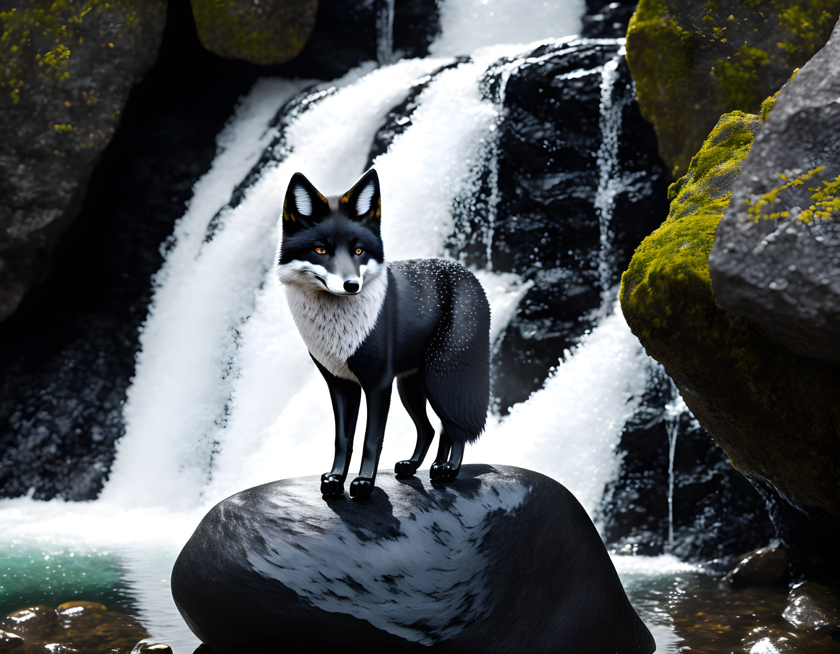 Black fox on rock by cascading waterfall with moss-covered stones