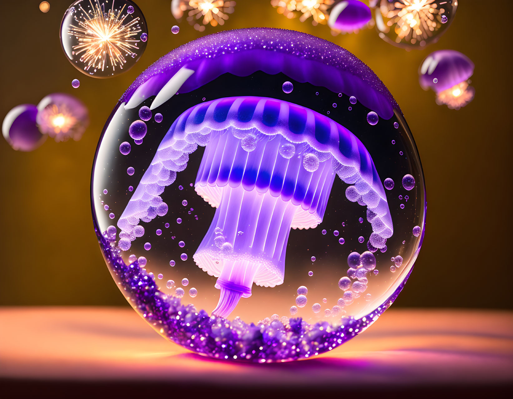 Colorful Illustration of Glowing Purple Jellyfish in Bubble