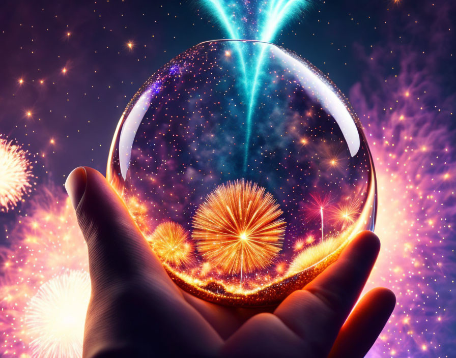 Glass sphere reflecting vibrant cosmic scene with nebulae and fireworks