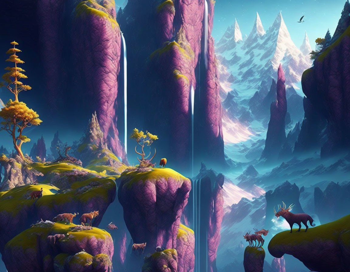 Fantastical landscape with purple rock formations, deer-like creatures, and distant snow-capped mountains under