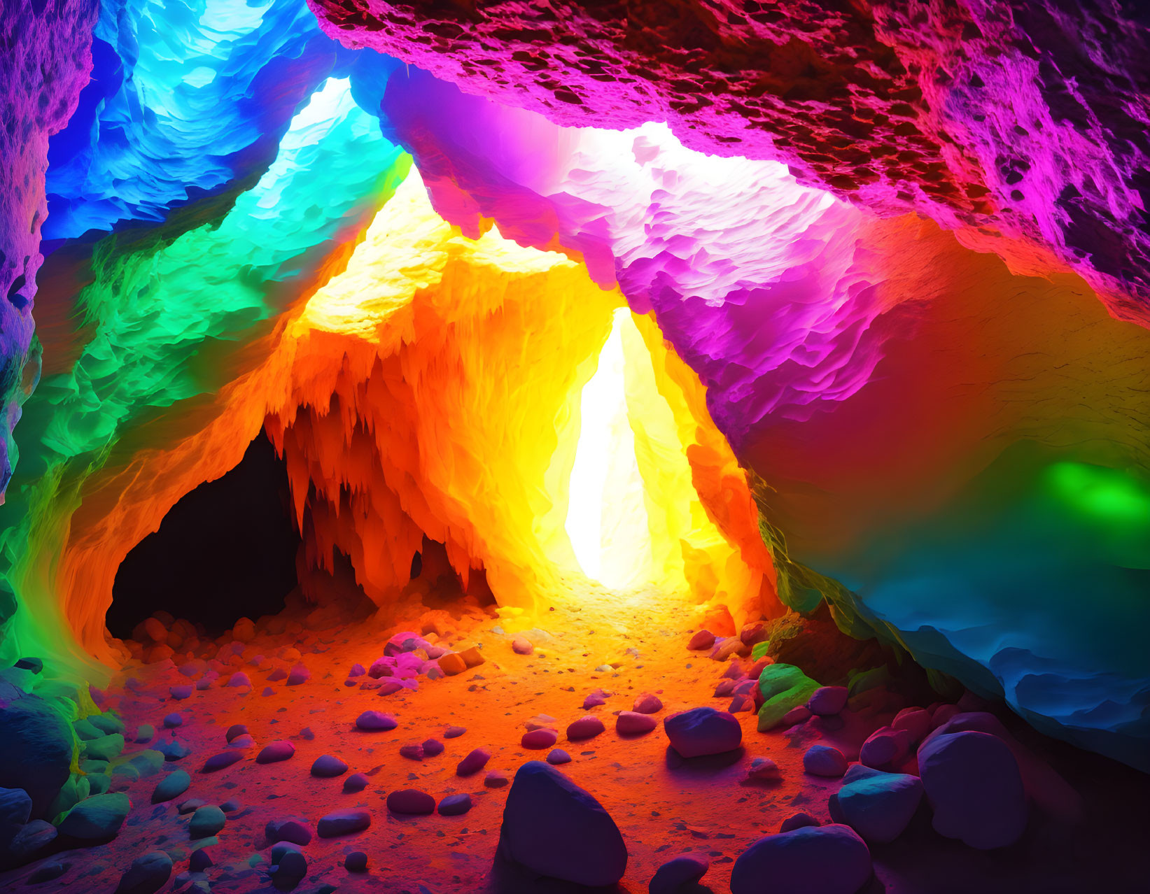 Multicolored Lights in Natural Cave with Bright Entrance