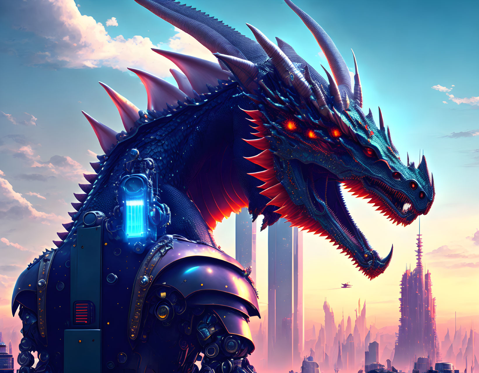 Mechanical Dragon with Glowing Blue Accents in Futuristic Cityscape at Dusk