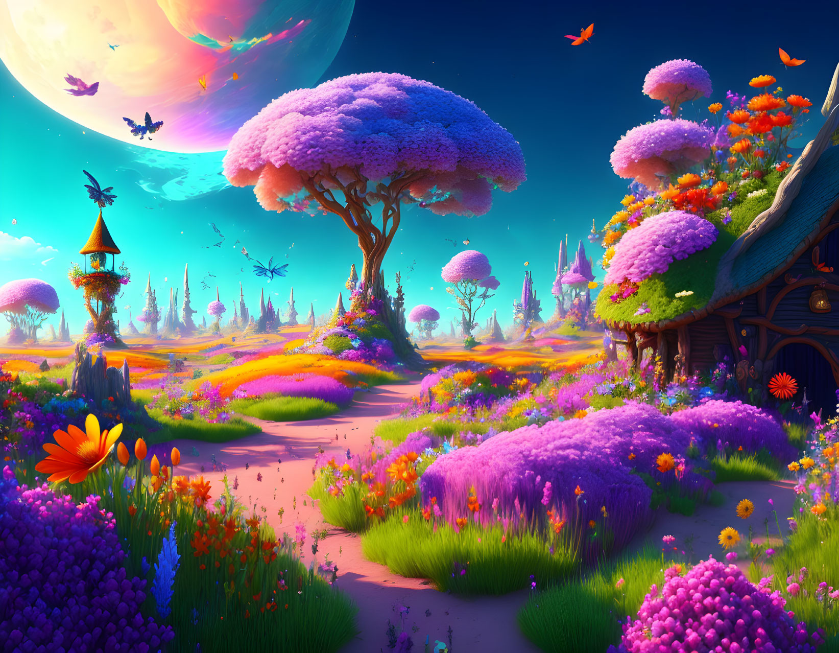 Colorful Fantasy Landscape with Whimsical Structures and Large Planet