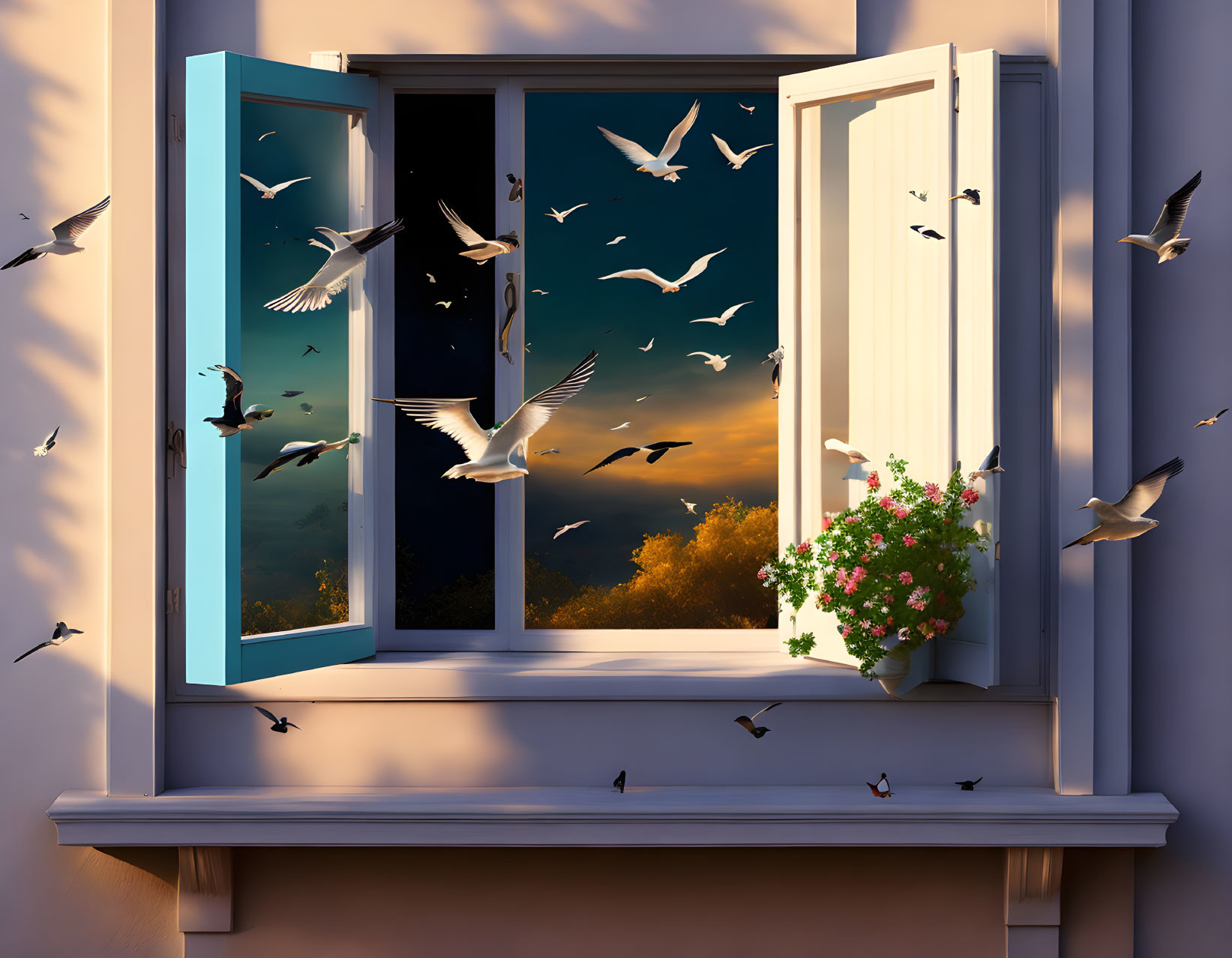 Sunset view: Flying birds, pink blooms on window sill