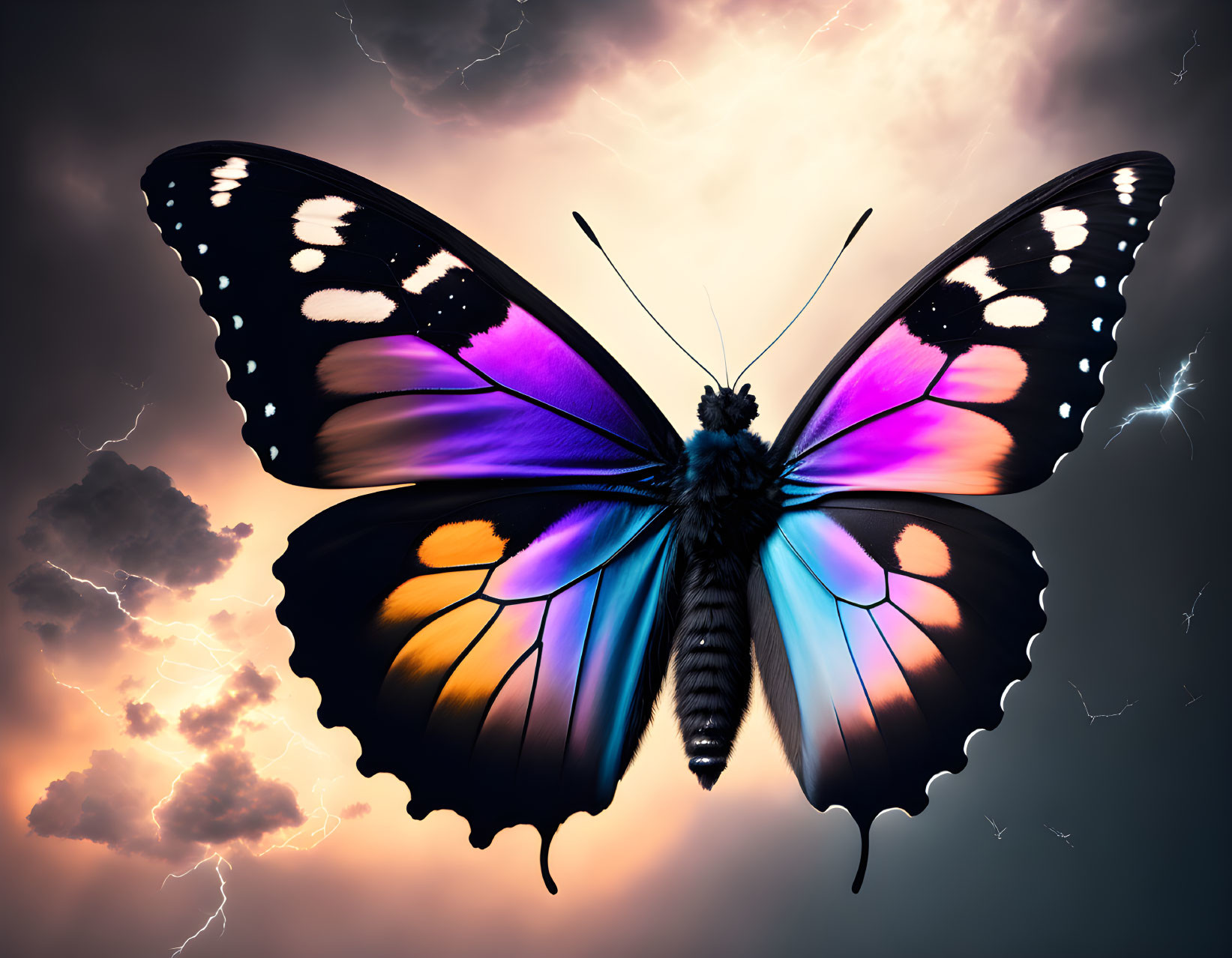 Colorful Butterfly Wings Against Dramatic Sky