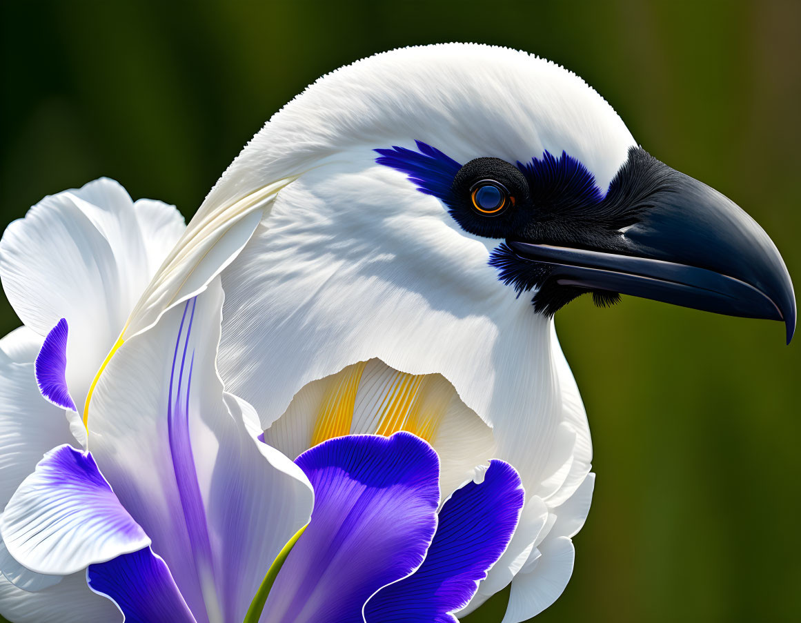 Black and white bird with blue eye markings merges with blue and white iris flower