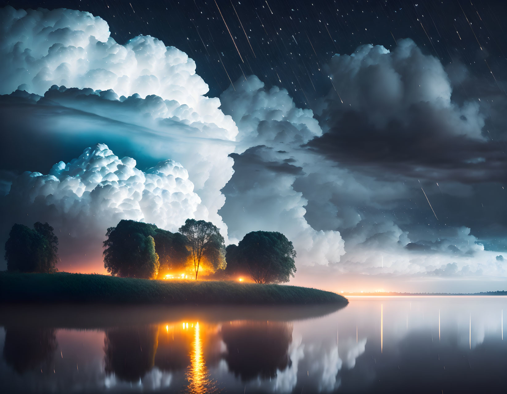 Tranquil nightscape: luminous clouds, calm lake, tree line, starry sky.