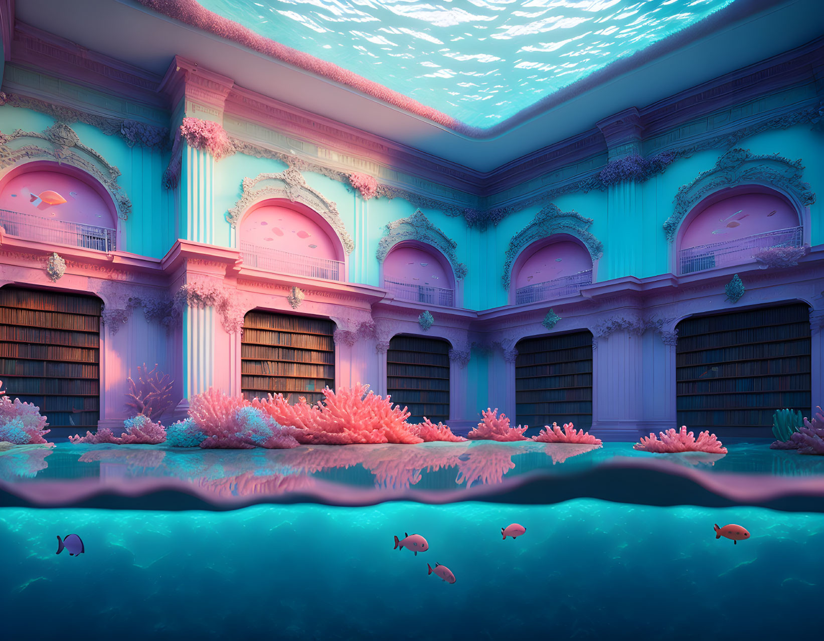 Ethereal underwater library with coral formations and surreal color palette