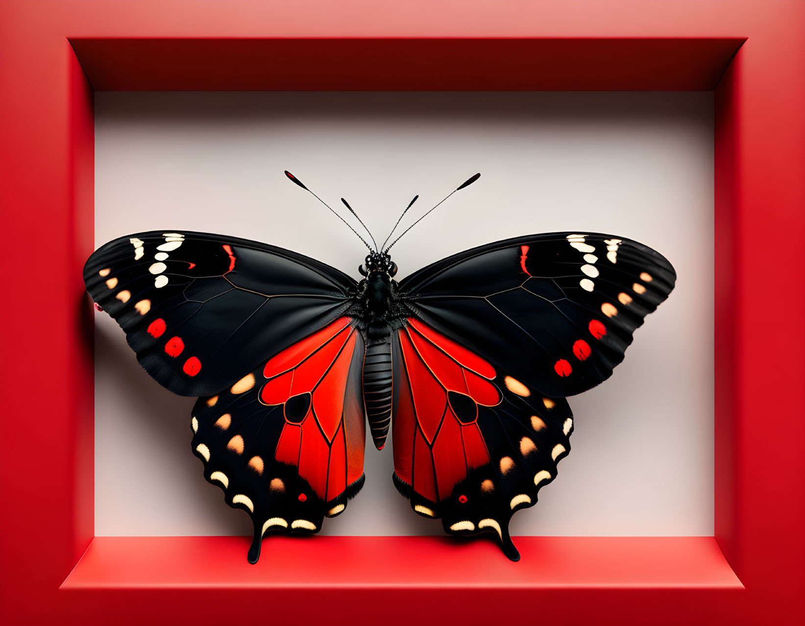 Colorful Butterfly with Red and Black Wings on White Background