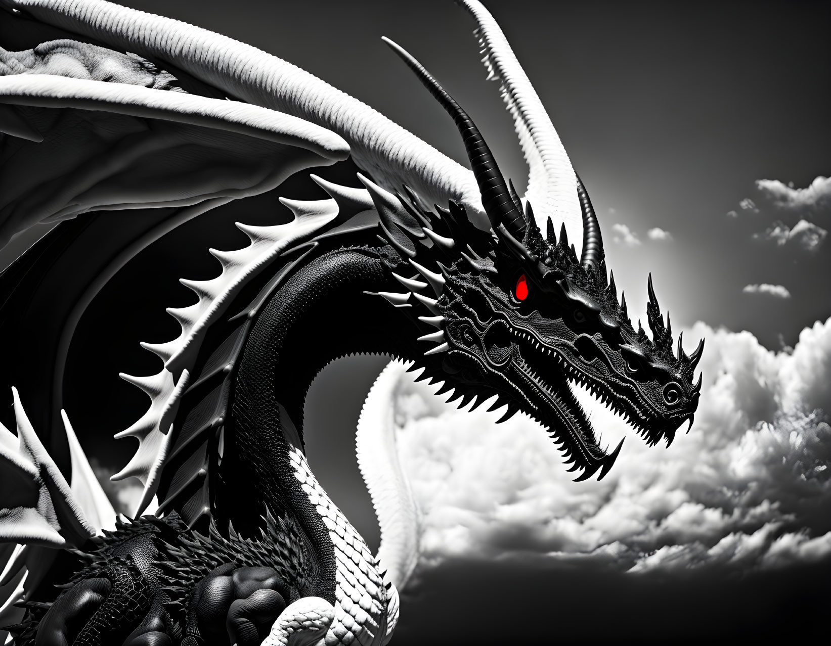 Black dragon with sharp scales and horns in dramatic sky