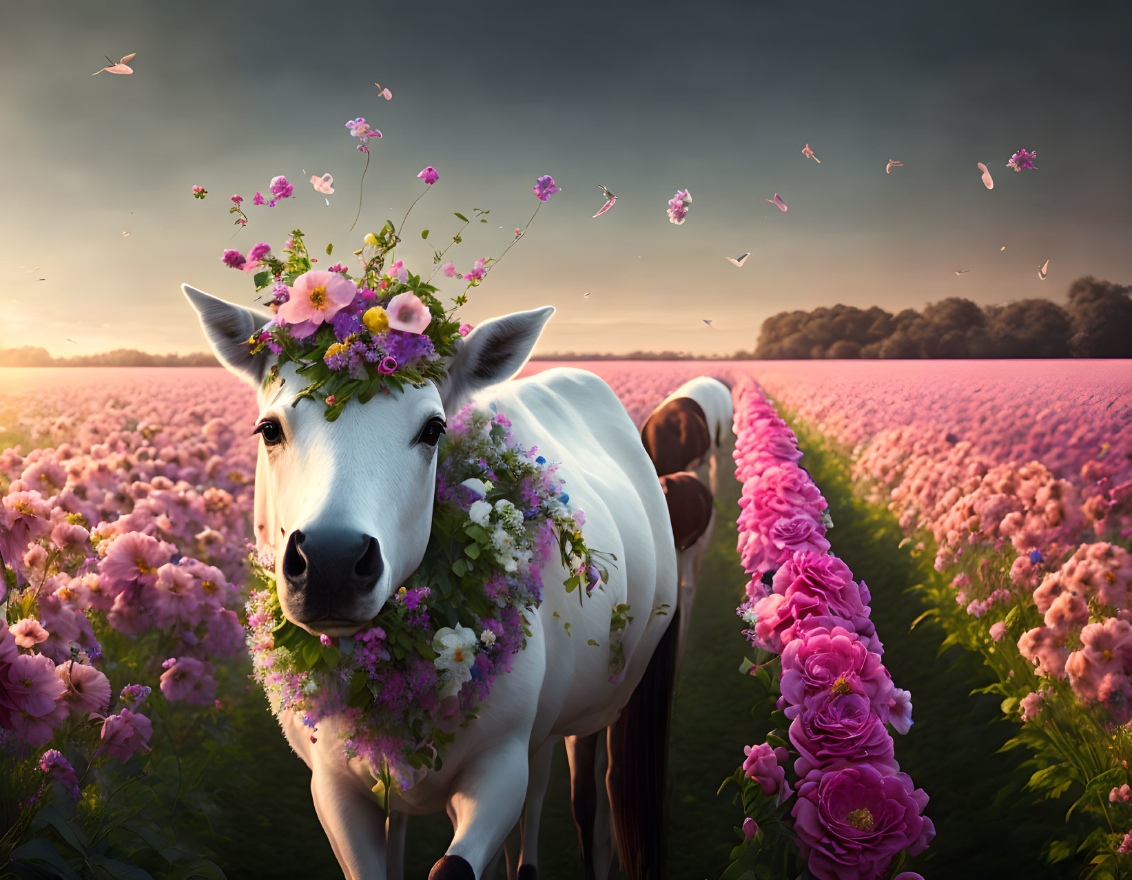 Cow with flower crown in vibrant pink flower field under dramatic sky