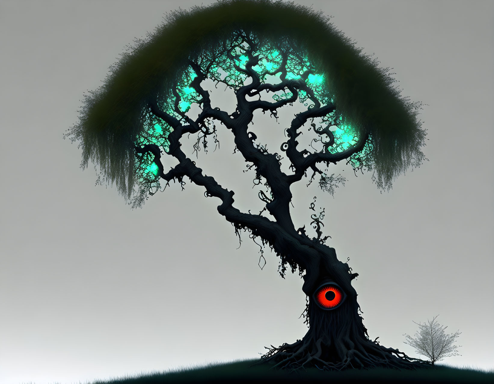 Stylized tree with dark trunk, blue-green foliage, and red eye on grassy hill