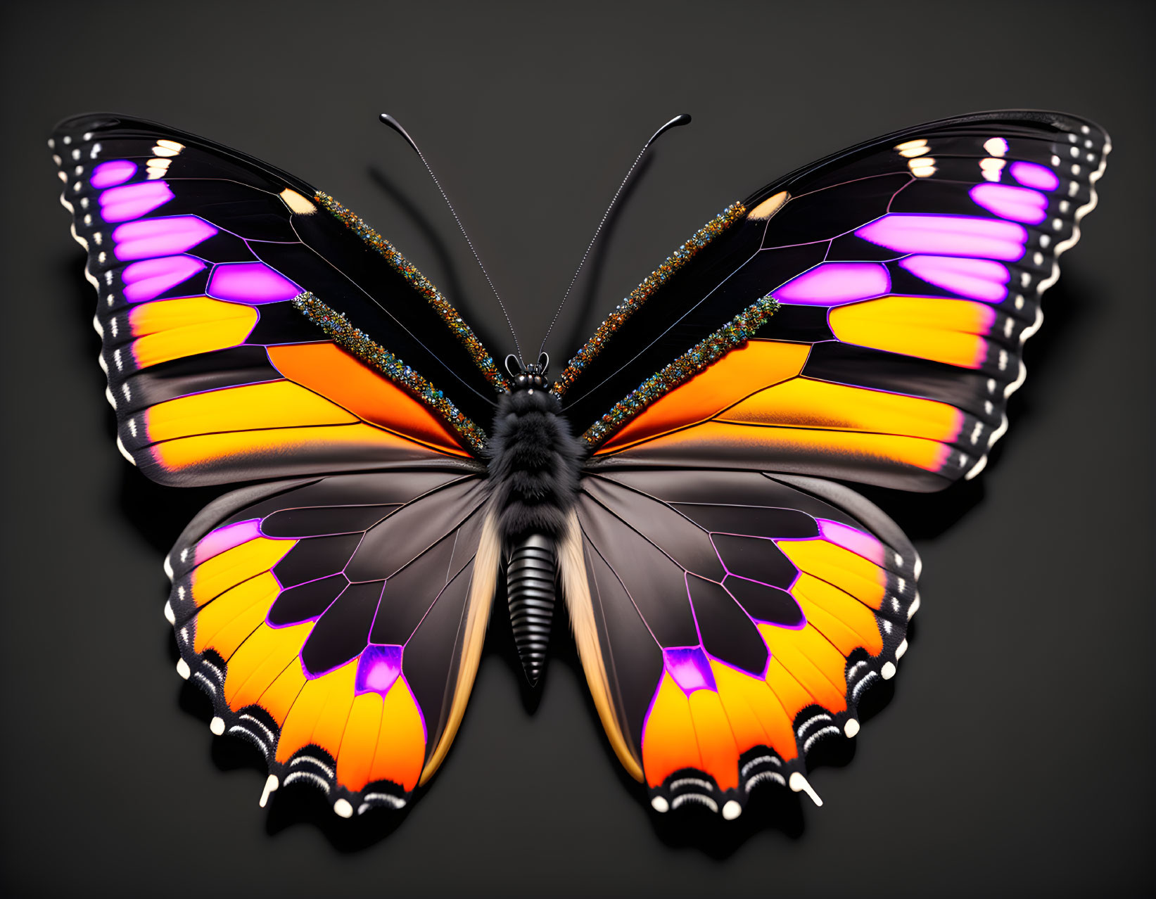 Colorful Butterfly Digital Illustration with Orange, Yellow, Black, and Purple Wings