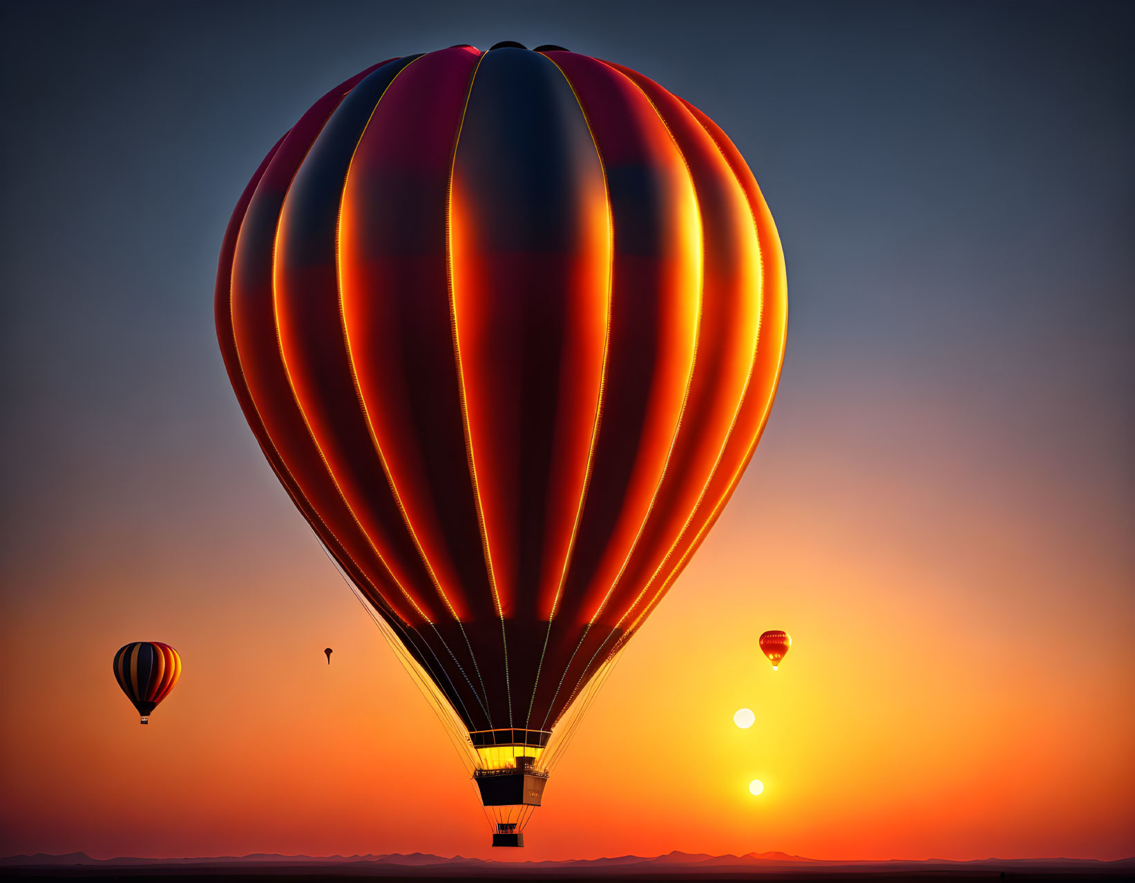 Colorful hot air balloon against sunset sky with serene landscape