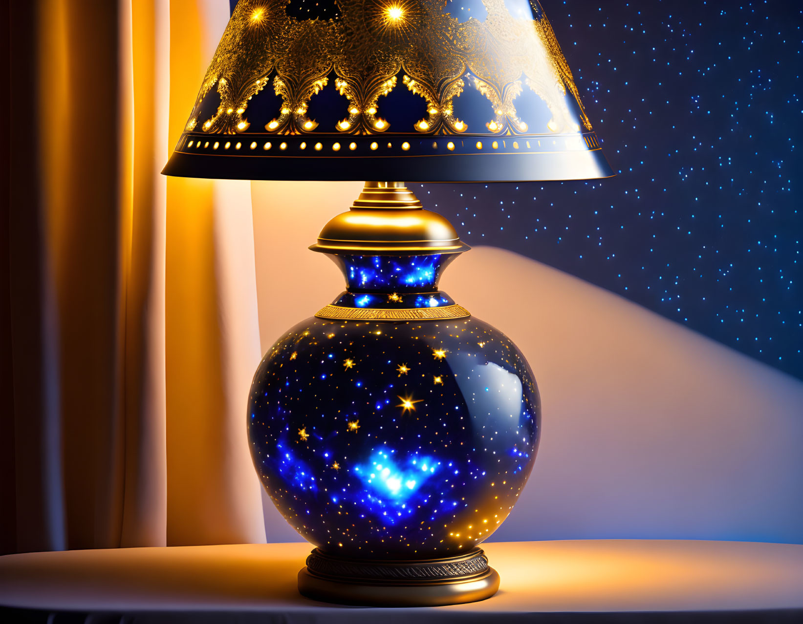 Star-shaped lights lamp with golden and blue curtains against starry backdrop