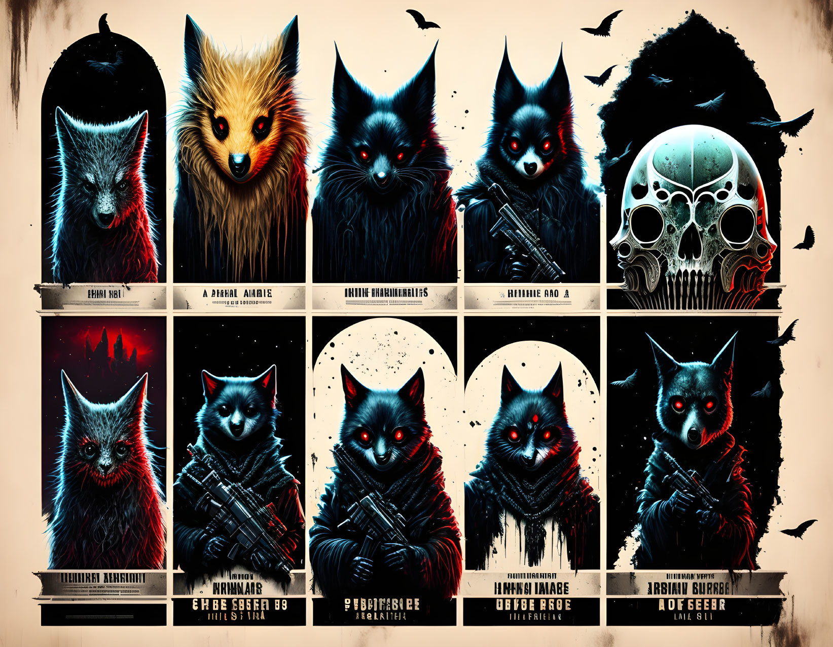 Stylized animal illustrations with red and blue lighting contrasts and dark backdrop.