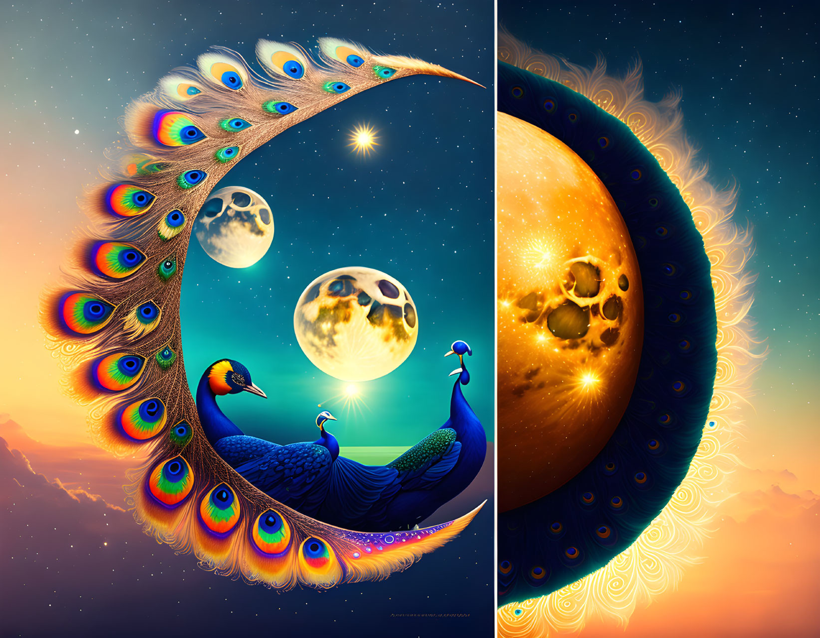 Colorful digital artwork: Two peacocks in crescent moon shape with celestial background.