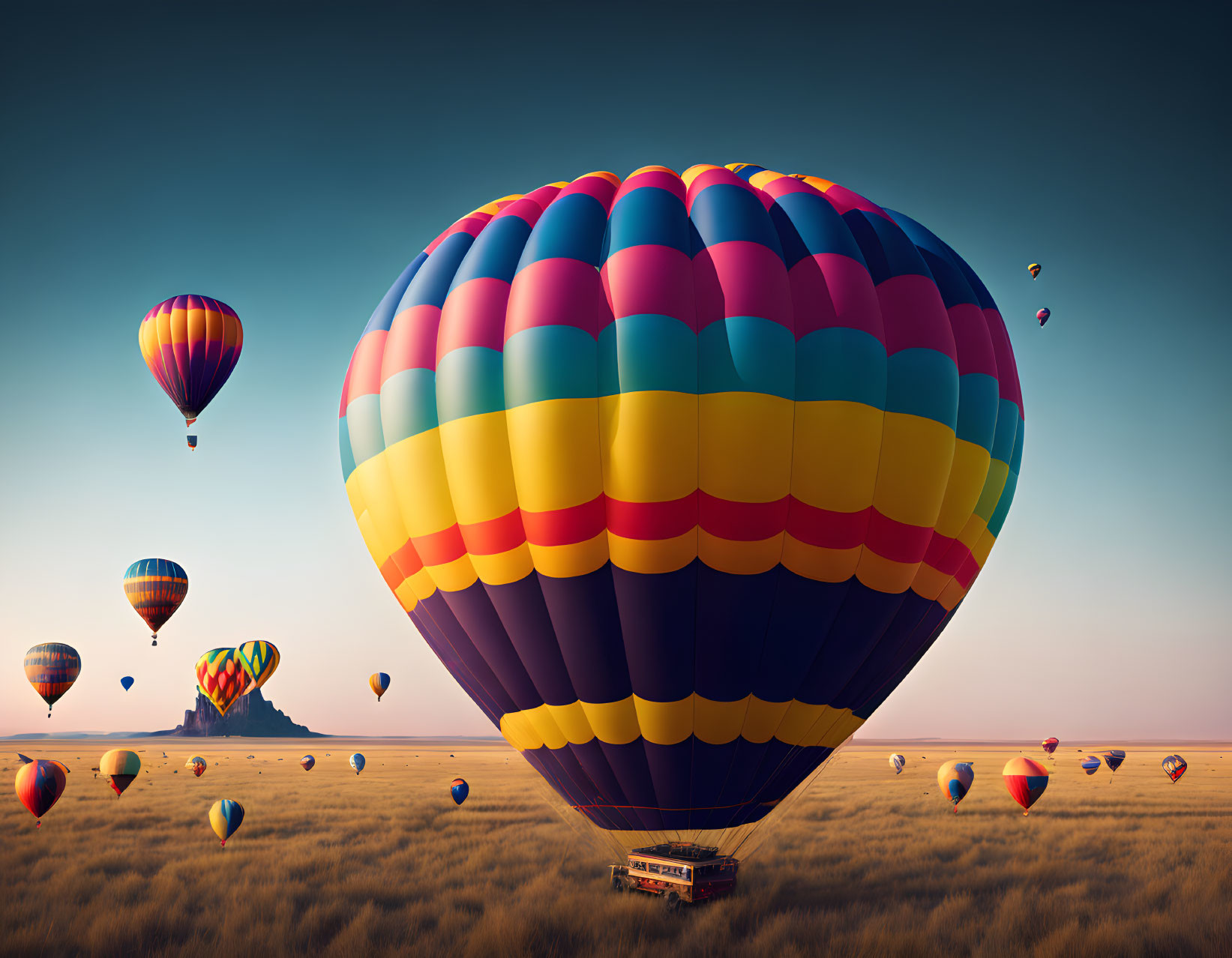 Vibrant hot air balloons in serene sky over tranquil landscape