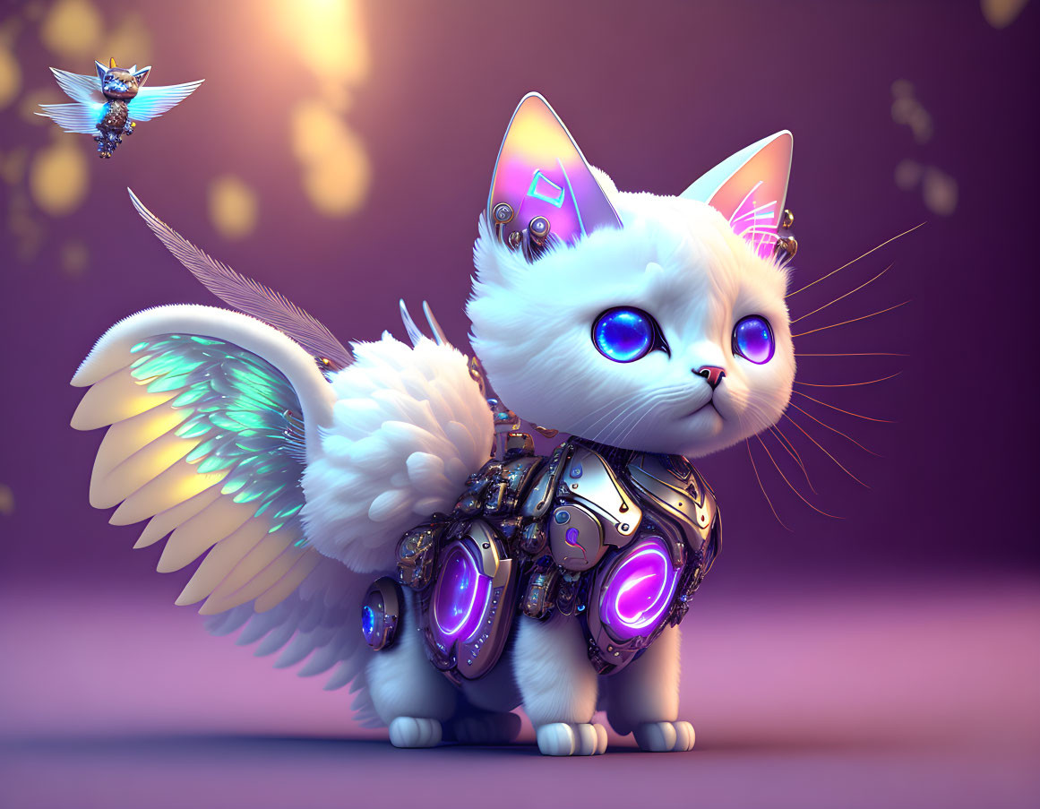 White Robotic-Winged Kitten Artwork with Purple Eyes and Armor