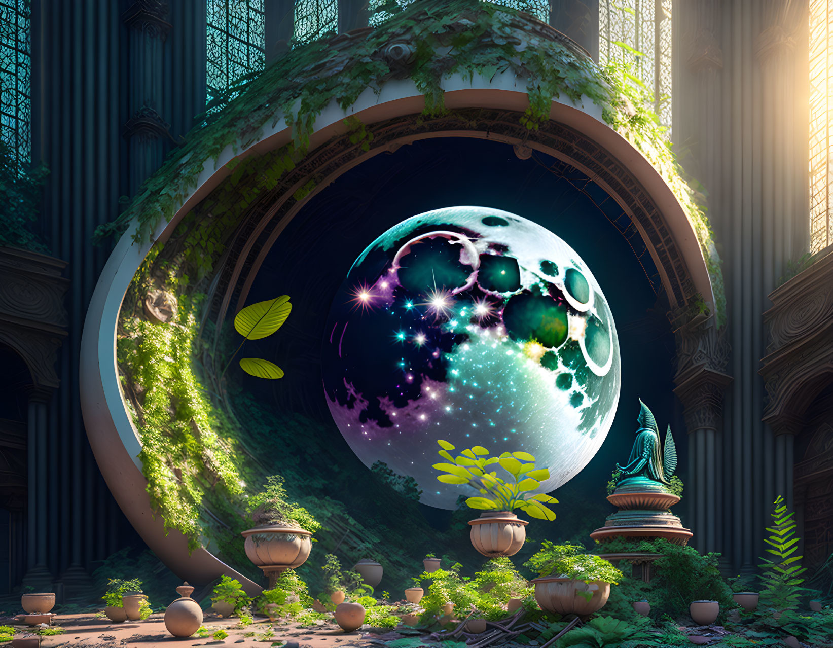 Surreal artwork: giant moon portal in forested cathedral with plants, Buddha statue, earthen