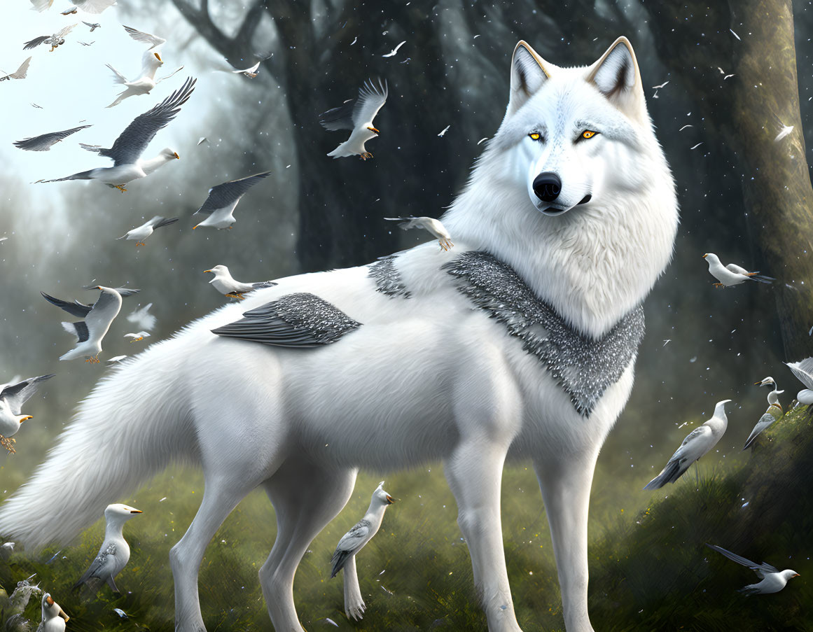 White wolf in misty forest with flock of birds - serene scene