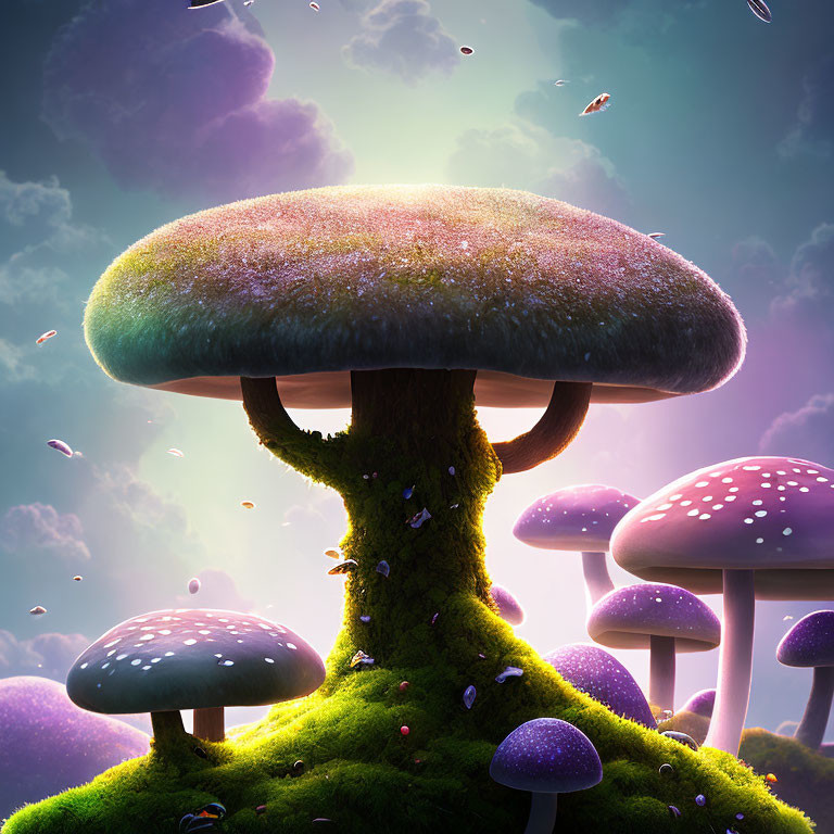 Vibrant oversized mushrooms in dreamy purple landscape