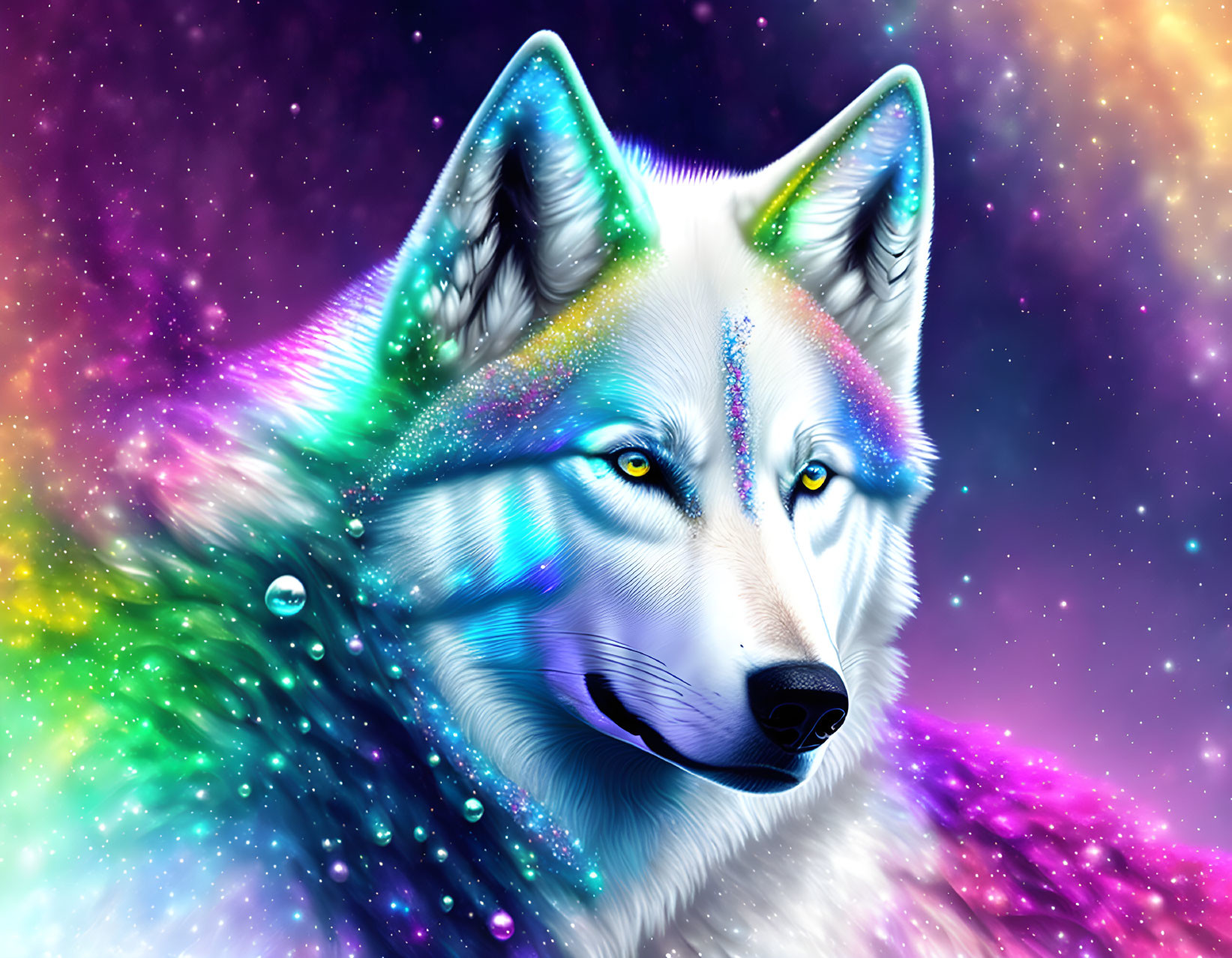 Colorful Digital Art: Wolf with Blue Eyes in Cosmic Background