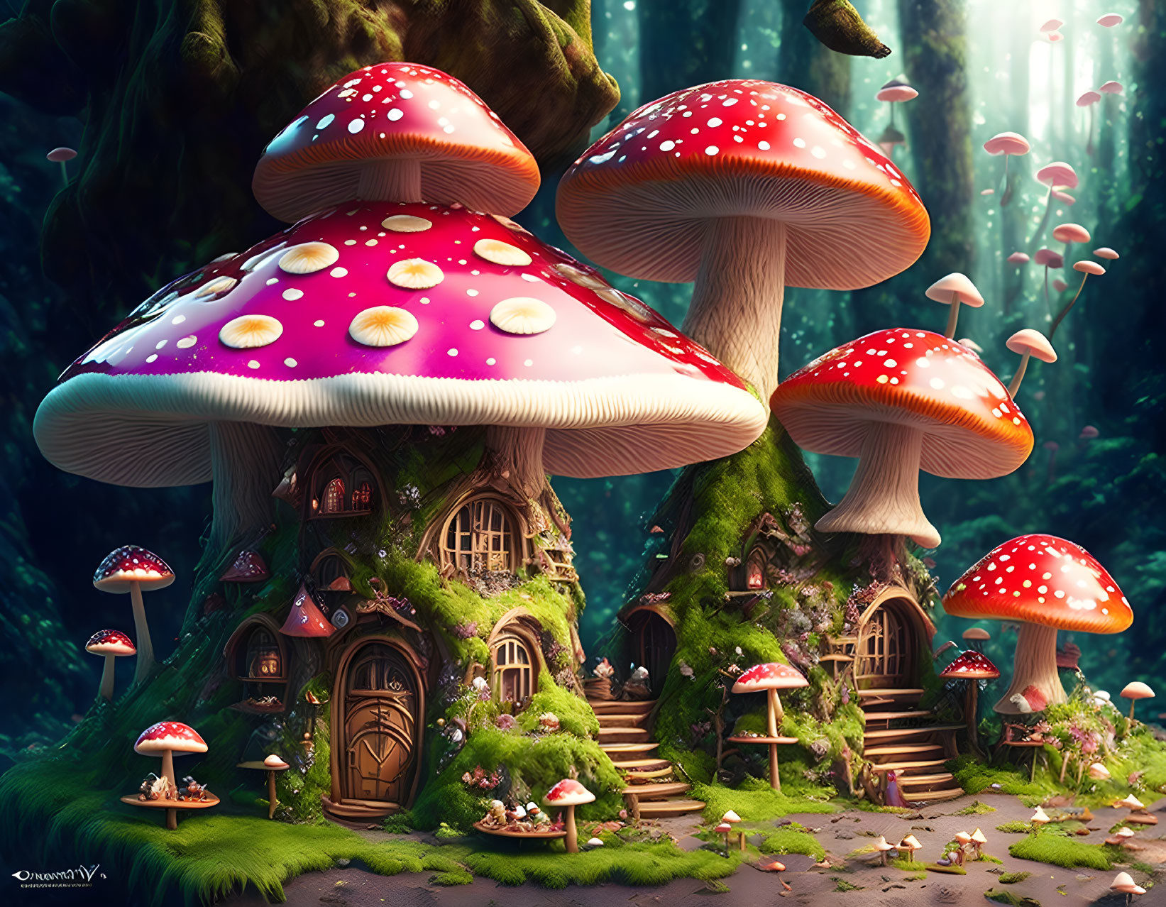 Fantastical forest scene with giant mushroom houses and lush greenery