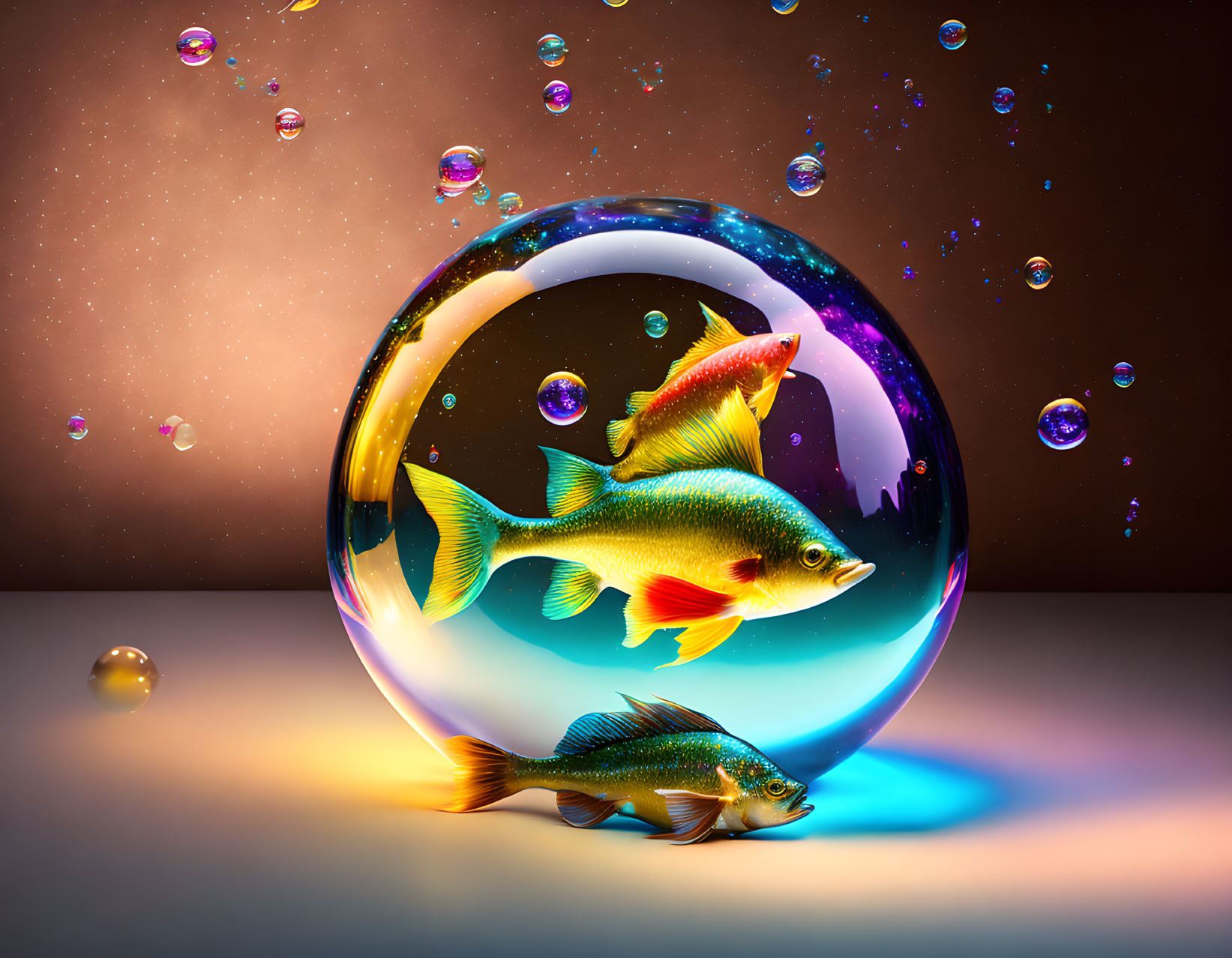 Vibrant fish in transparent bubble on reflective brown background