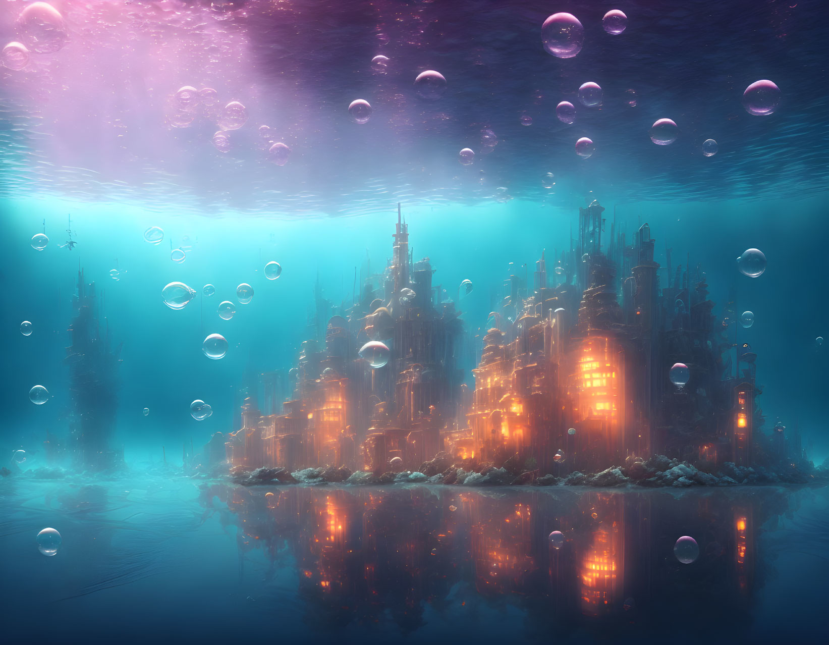 Ethereal underwater city with warm lights and bubbles in tranquil reflection