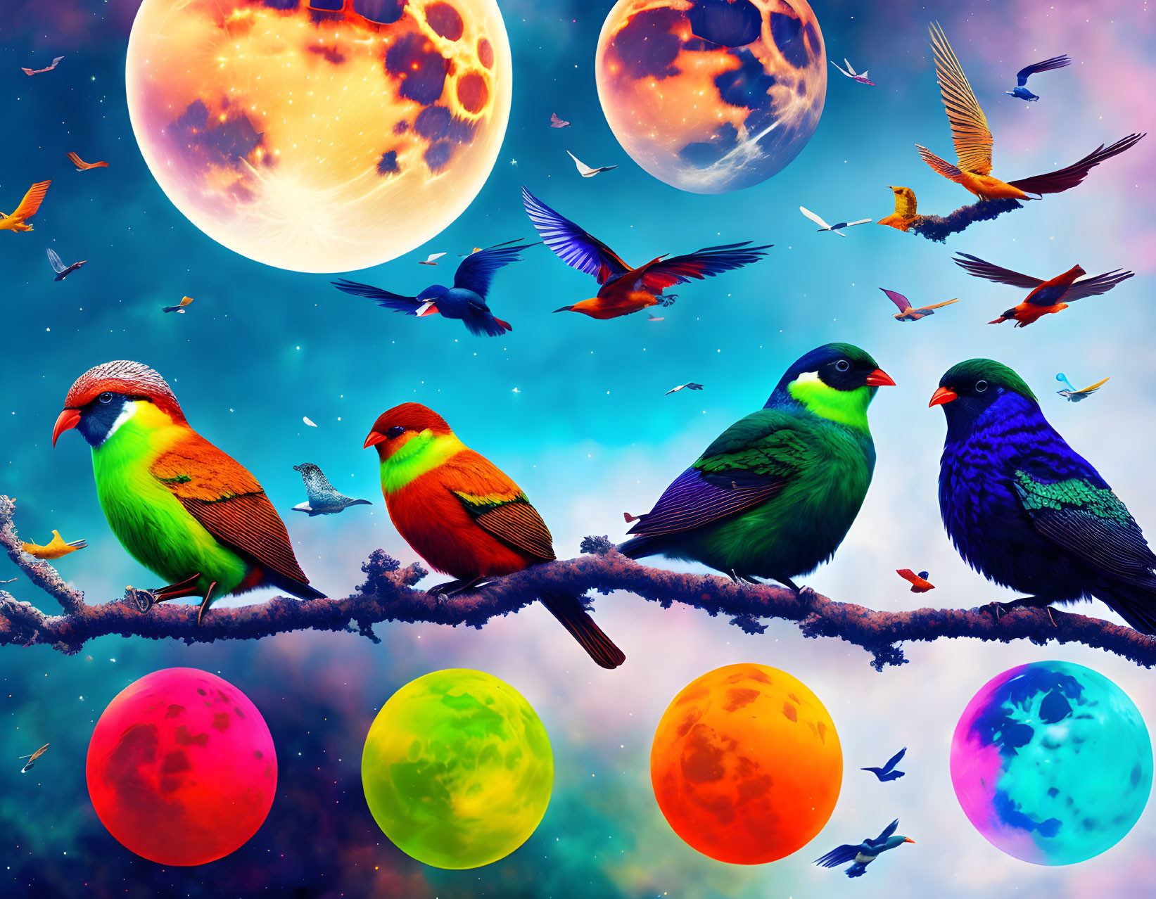 Vibrant Birds and Planets in Cosmic Scene