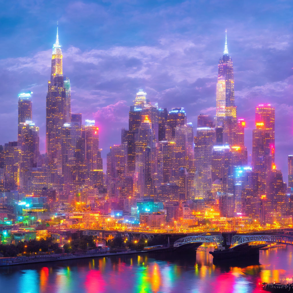 City skyline at dusk: illuminated skyscrapers, river reflection, cloudy twilight sky