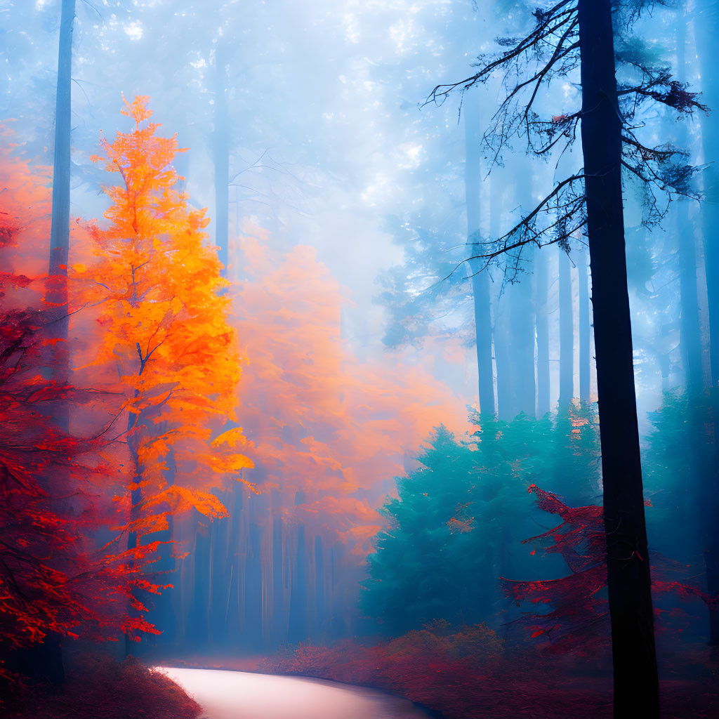 Misty Forest Path with Tall Trees and Autumn Colors