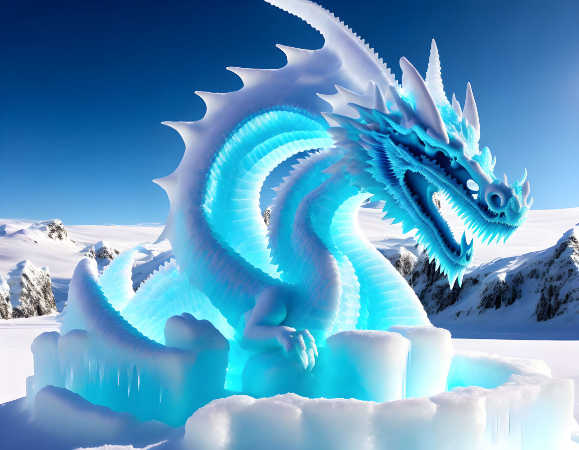 Blue ice dragon overlooking frozen landscape with snowy mountains.