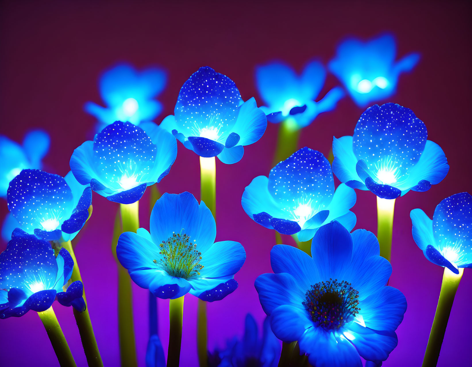 Blue Flowers with Glowing Edges on Purple Background