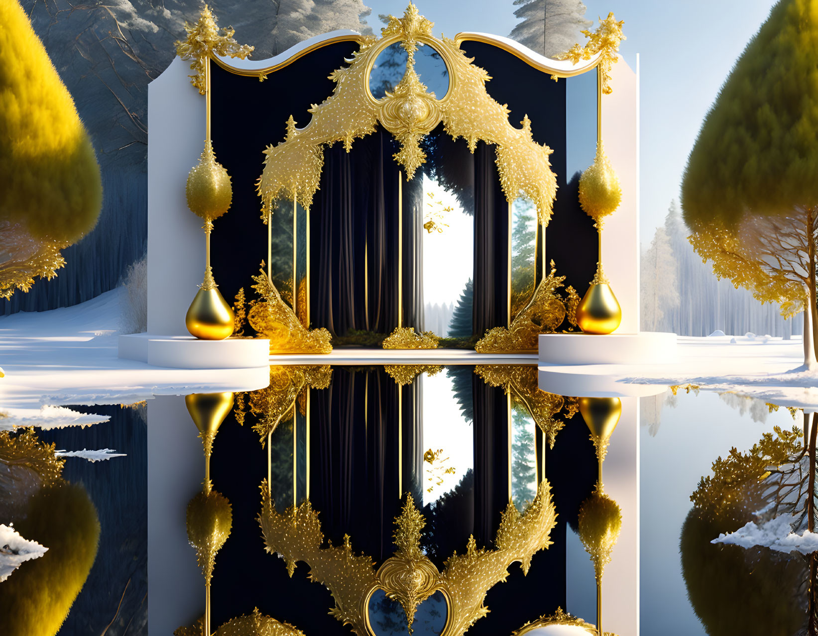 Mirrored surreal landscape with golden frame, trees, baubles, and winter forest.