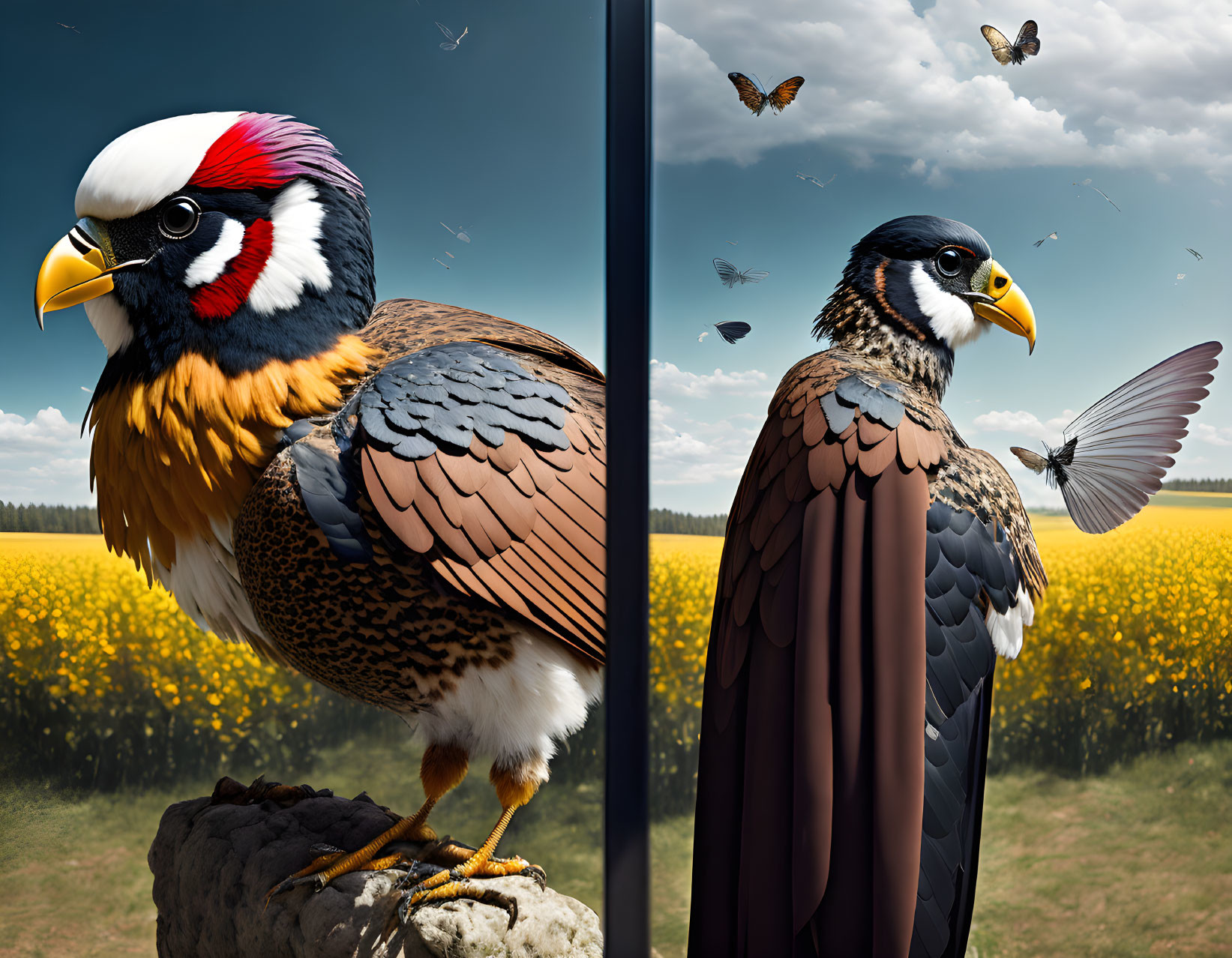 Comparing two stylized birds with human-like features in split image