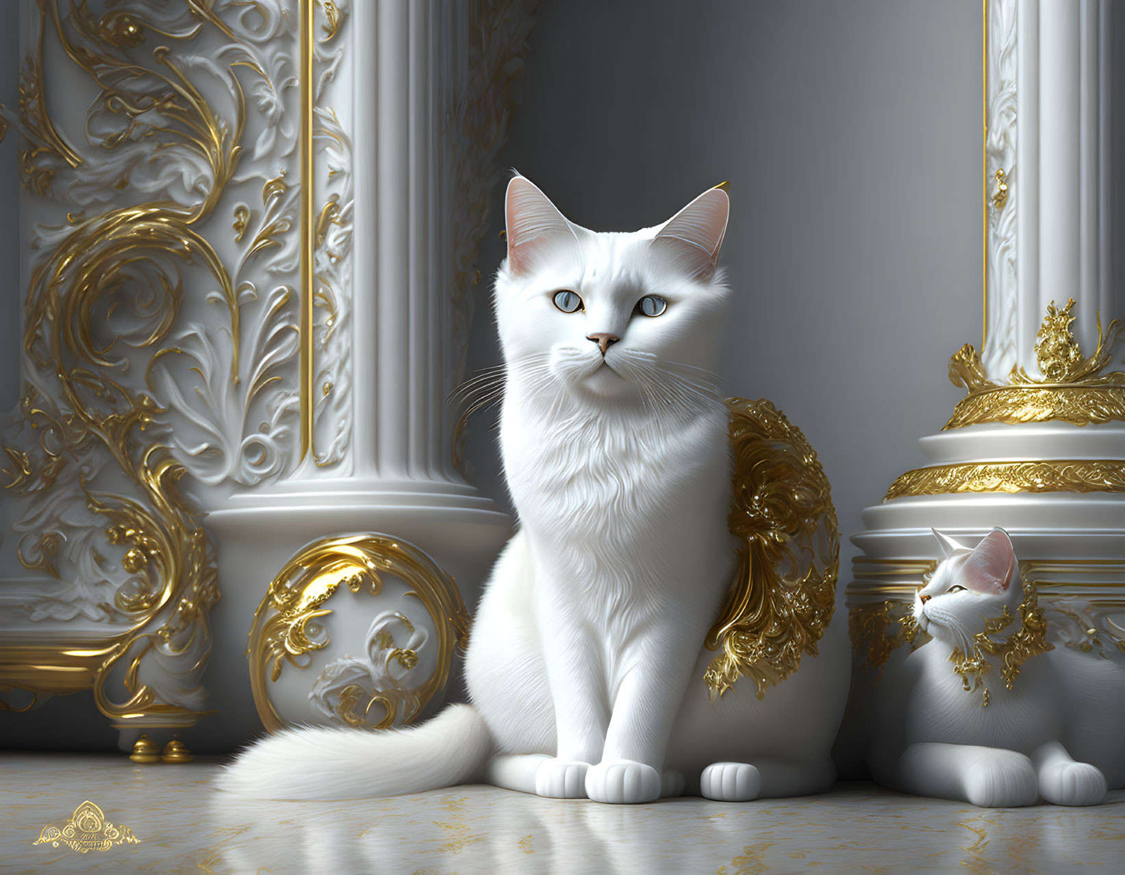 White cat with golden wings beside smaller white cat in ornate room