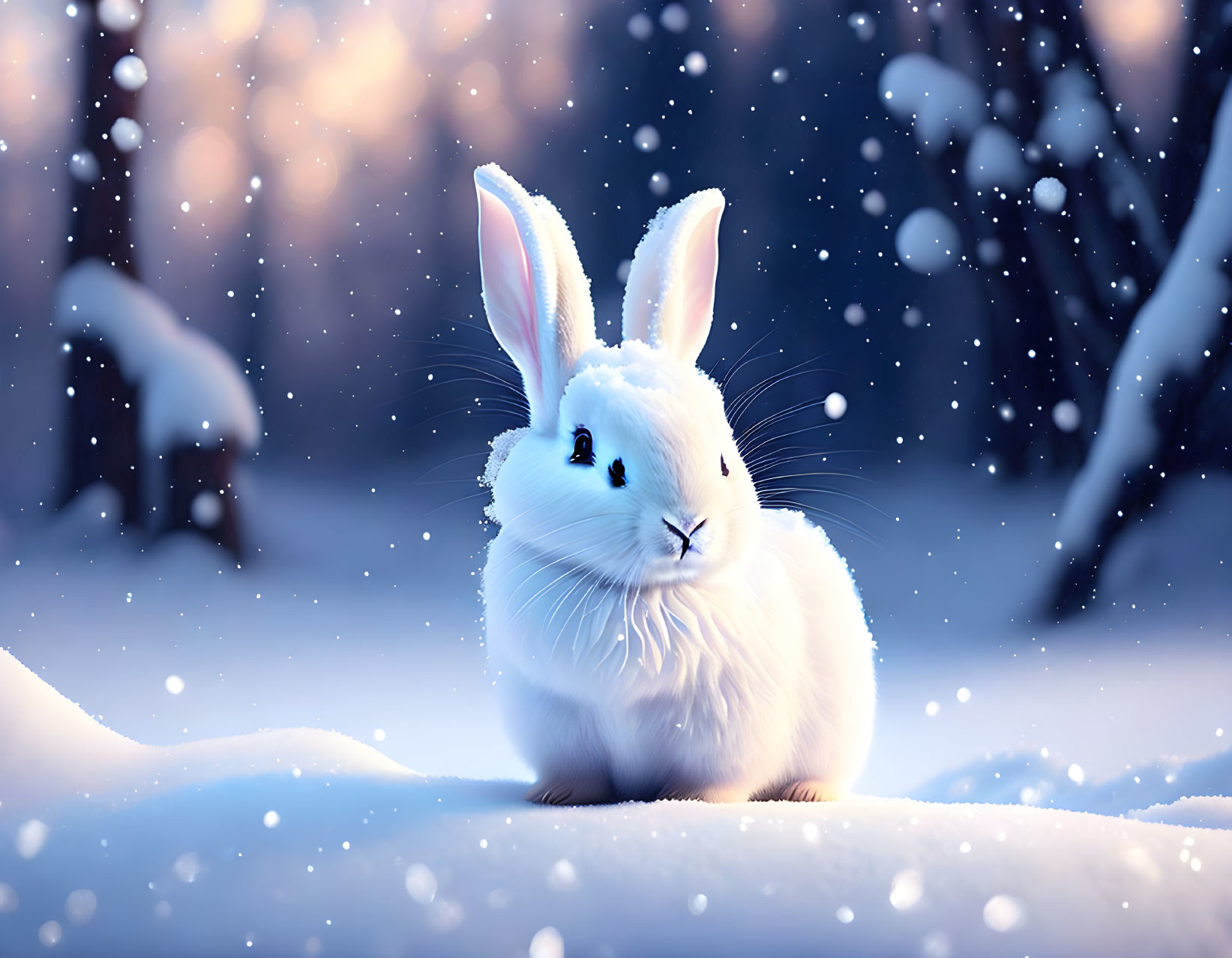 White Rabbit with Blue Eyes in Snowy Winter Scene