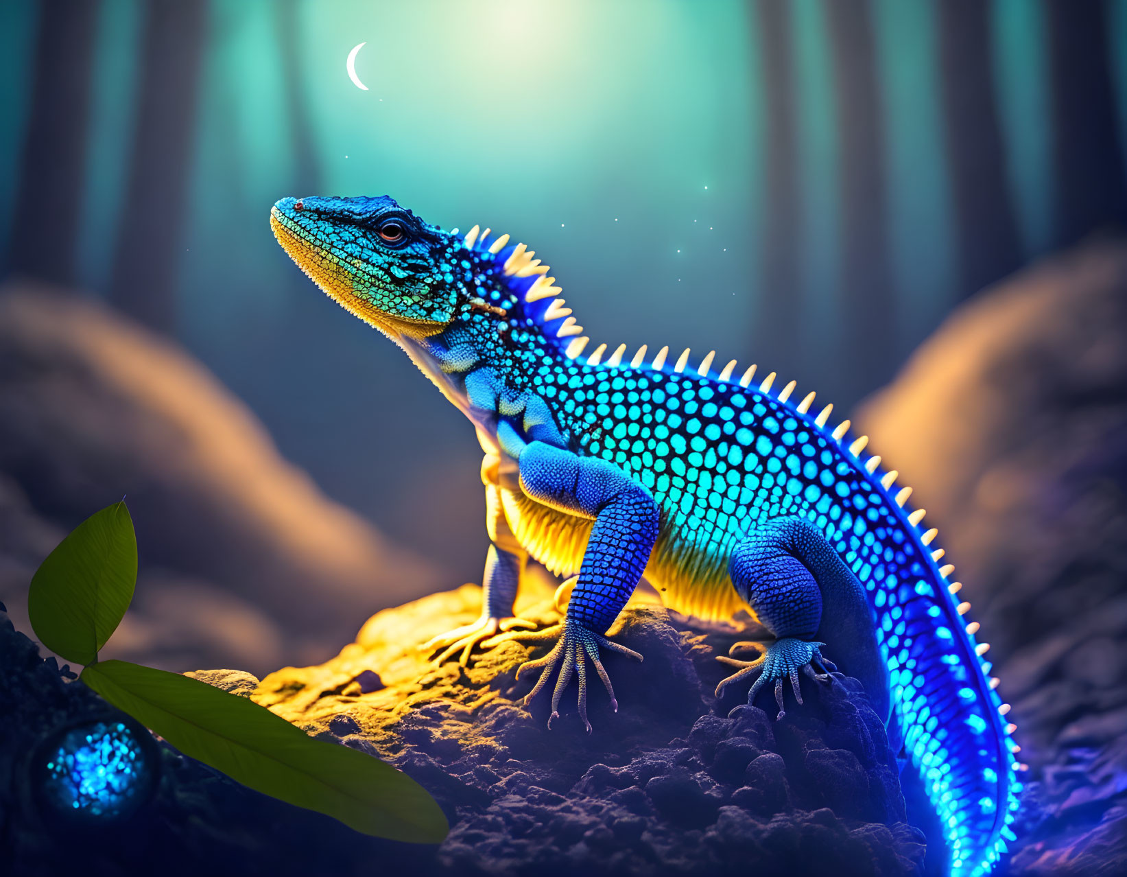 Colorful Blue Lizard on Rock with Moon and Orbs Background