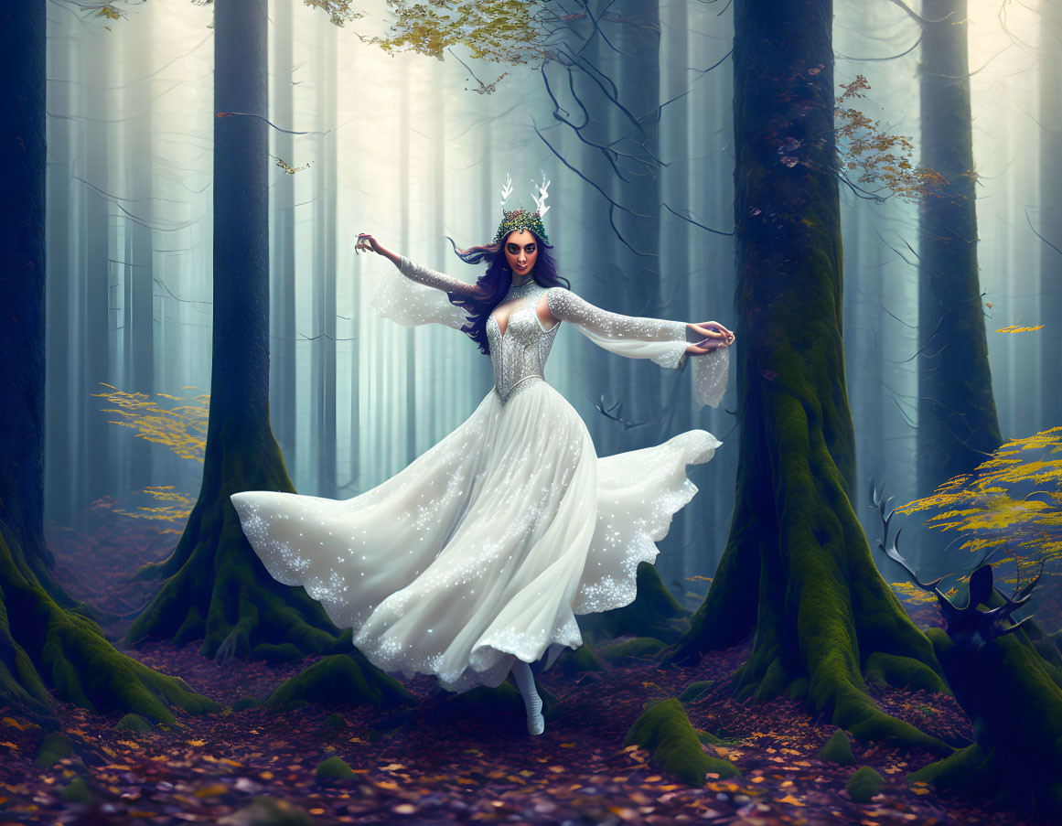 Woman in white gown and crown in mystical forest with fog and autumn leaves