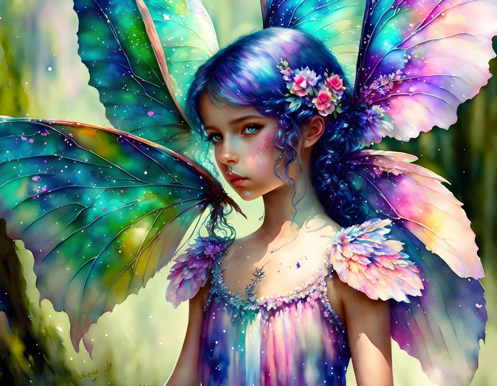 Fantastical artwork: Young girl with fairy wings in colorful forest