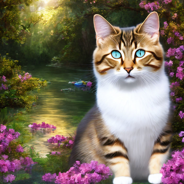 Vibrant turquoise-eyed cat in fantastical floral setting with serene stream