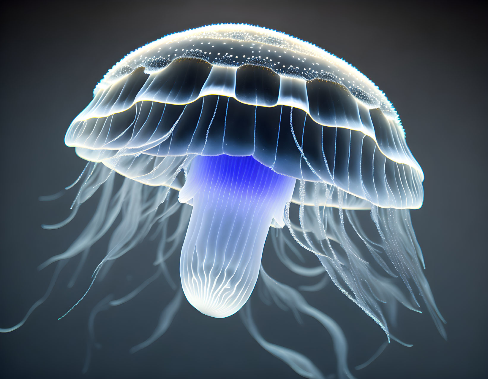 Translucent blue bioluminescent jellyfish on dark background