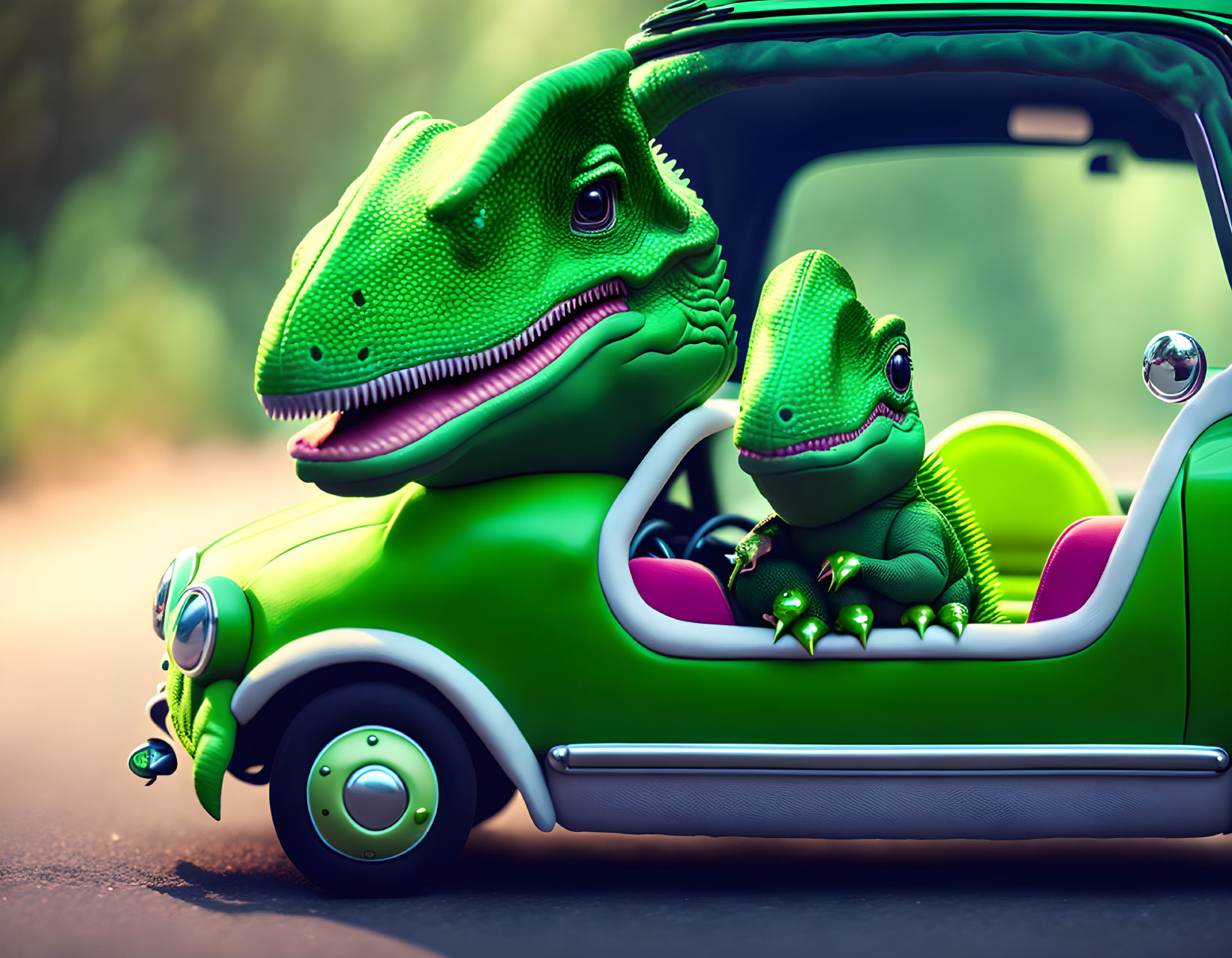 Two velociraptor-like dinosaurs in green vintage car.