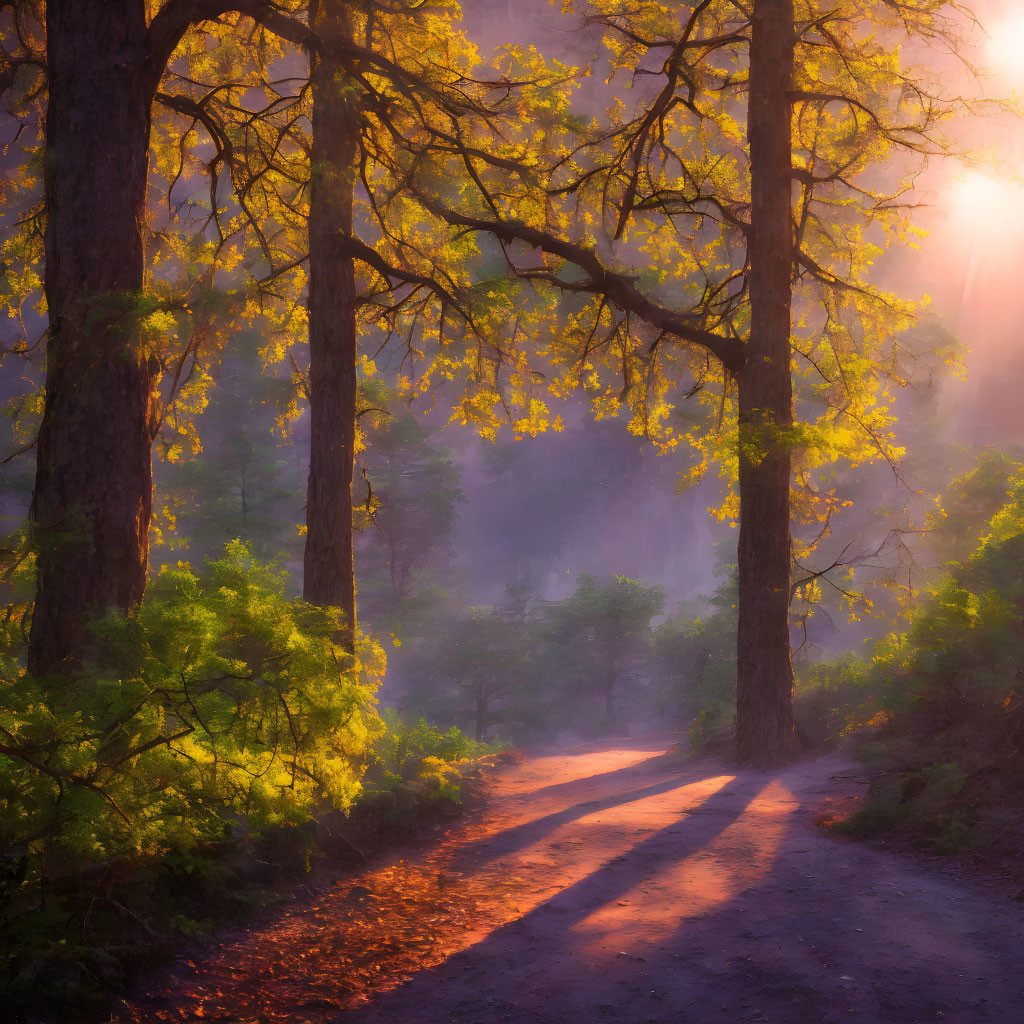 Sunlit Forest Path with Mist and Shadows Amidst Green and Golden Foliage