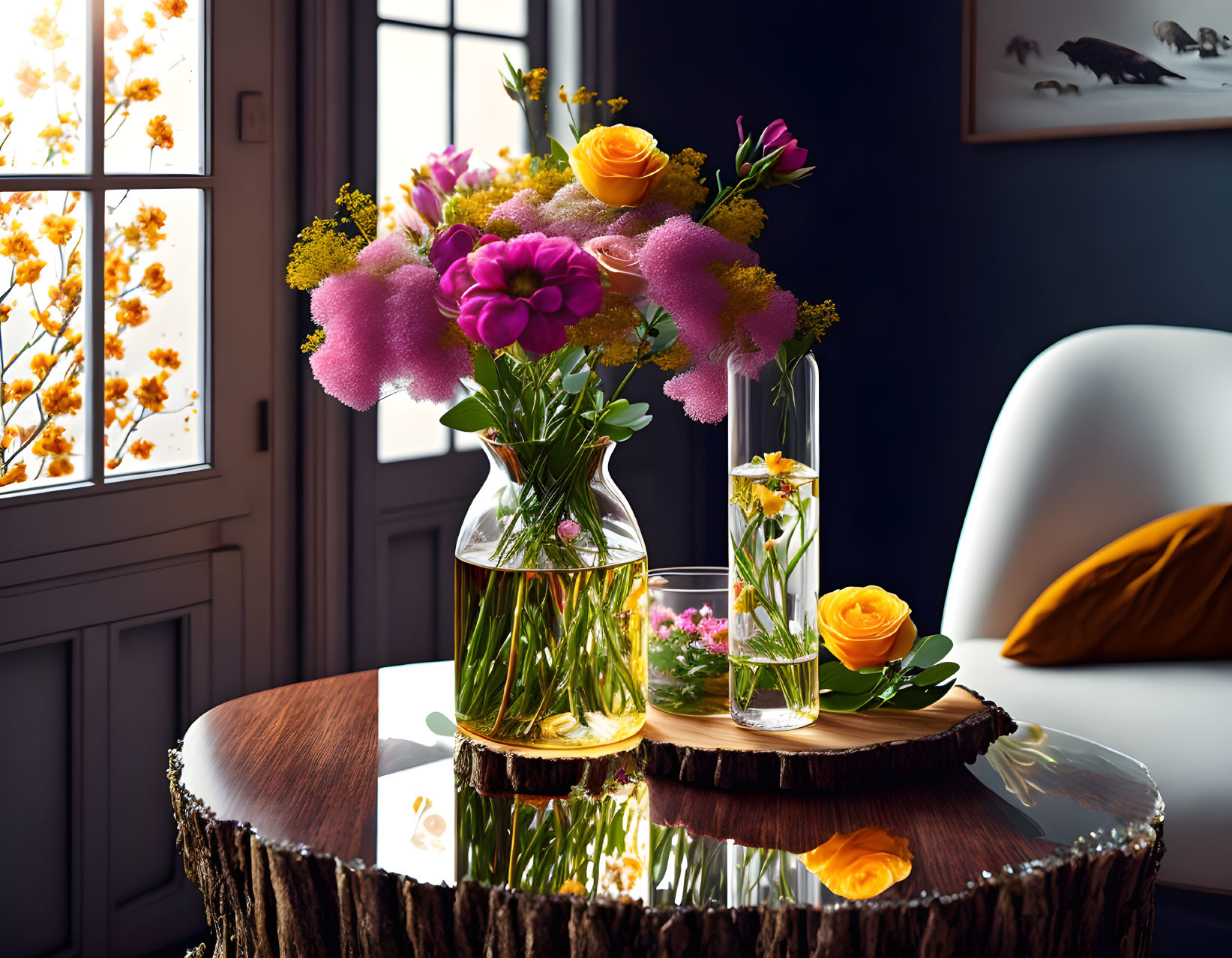 Colorful Flowers in Glass Vases on Wooden Table with White Chair by Autumn Window