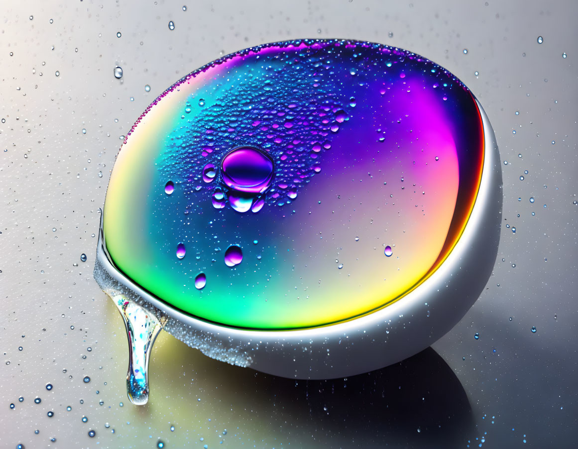 Iridescent oil drop with water beads on reflective surface